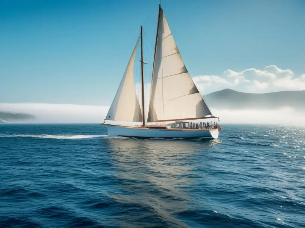 Un velero tradicional navegando con elegancia en aguas tranquilas bajo un cielo azul claro