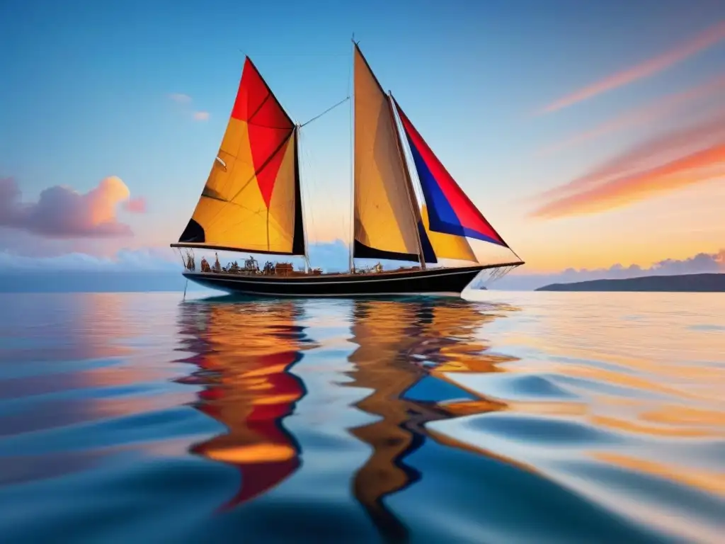 Un velero tradicional navega elegante en aguas cristalinas al atardecer, reflejando la belleza de las tradiciones navales cruceros turismo marítimo