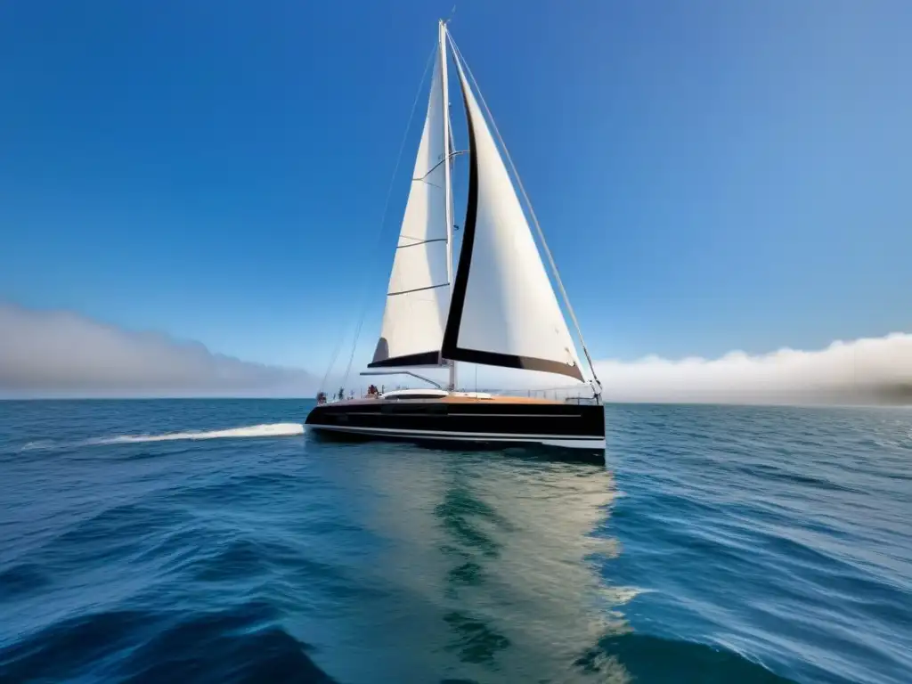 Un velero de vela ligera tecnología surca el agua bajo un cielo azul, destacando su moderno diseño y equipamiento