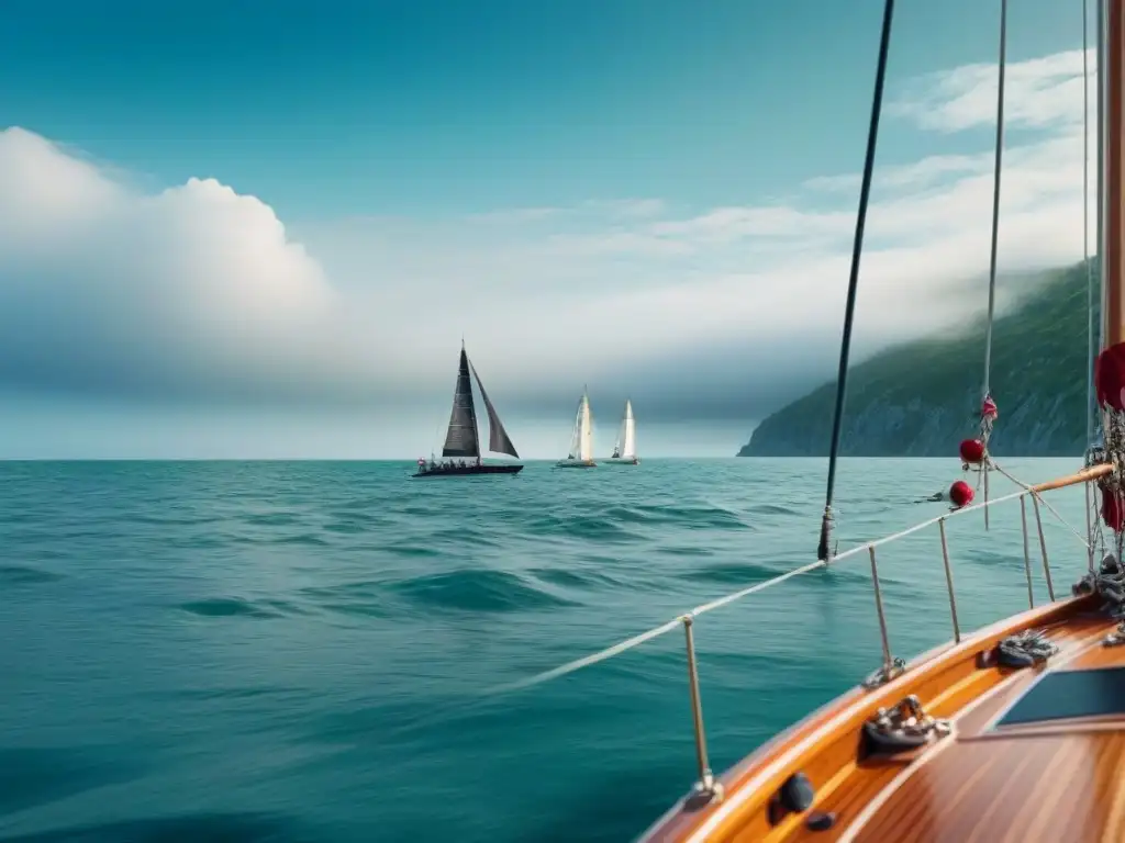 Velero de vela ligera tecnología surcando aguas cristalinas bajo cielo despejado