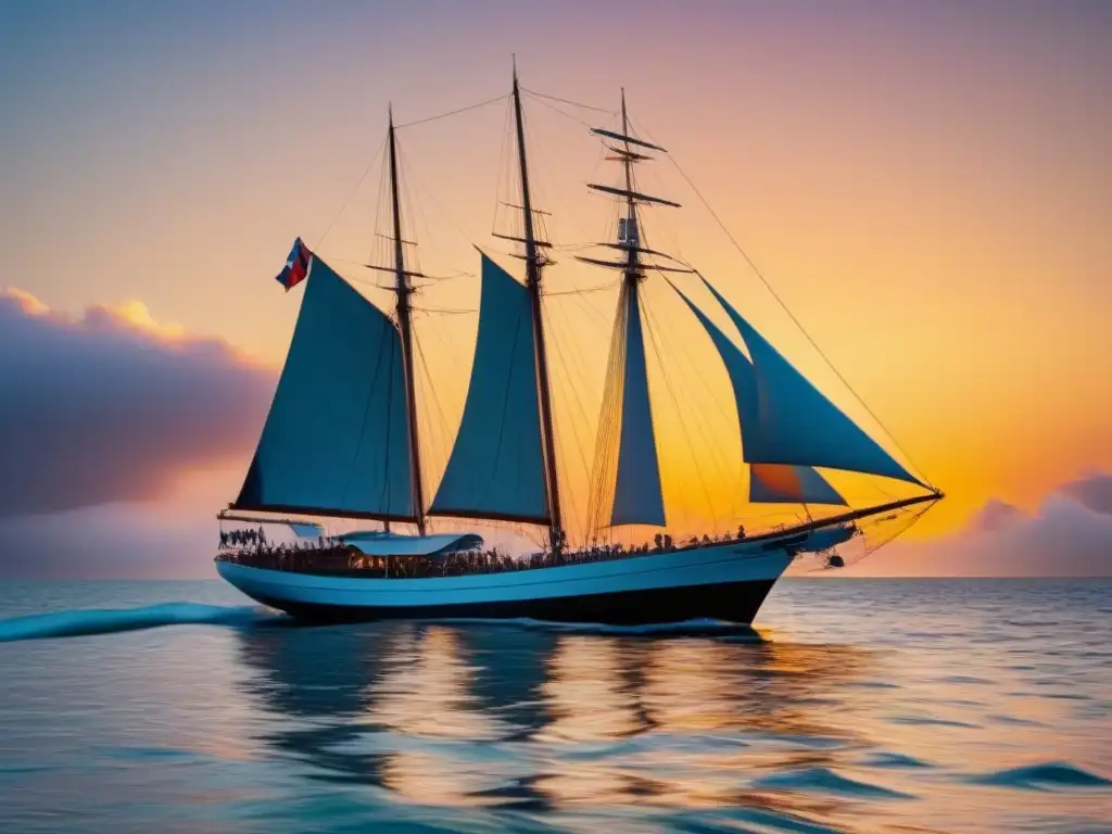 Un velero vintage majestuoso surcando aguas cristalinas al atardecer