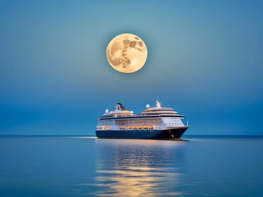 Venta cruzada en turismo marítimo: un crucero surcando aguas tranquilas bajo un cielo estrellado, reflejando la luna en el mar