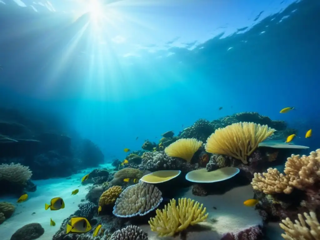 Explora la verdadera belleza del mundo submarino: un arrecife vibrante con peces coloridos nadando entre corales, en una escena serena