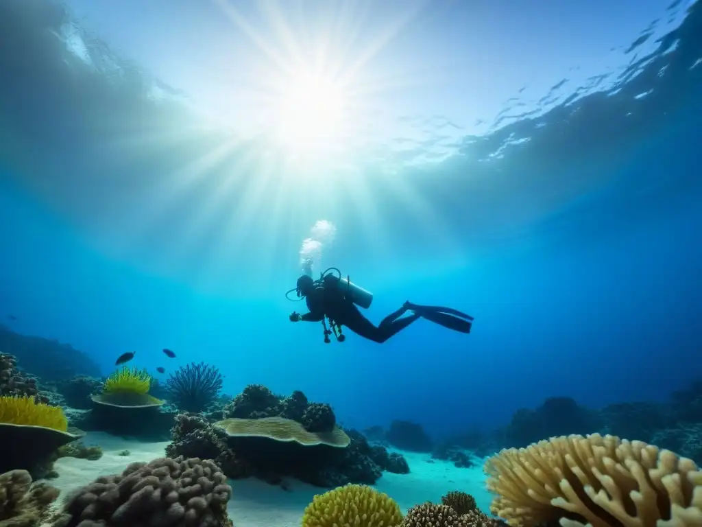 Explora la verdadera belleza submarina: vibrantes arrecifes de coral, peces coloridos y un buzo en silueta