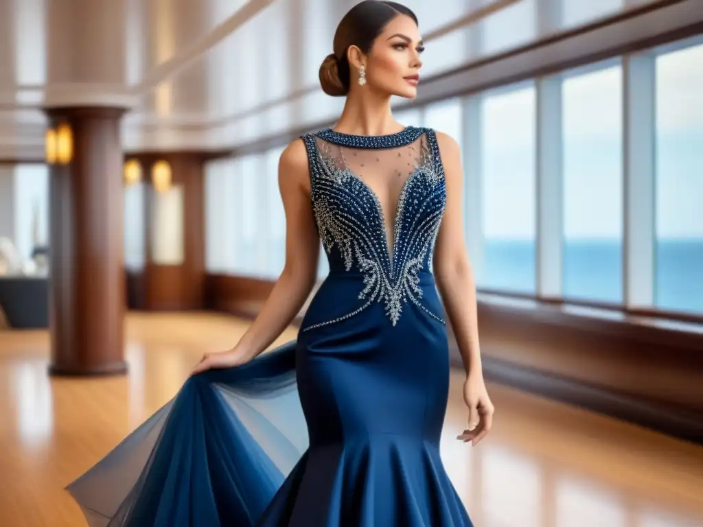 Un vestido de noche azul marino con detalles plateados en un elegante salón de crucero, perfecto para una cena de gala en alta mar