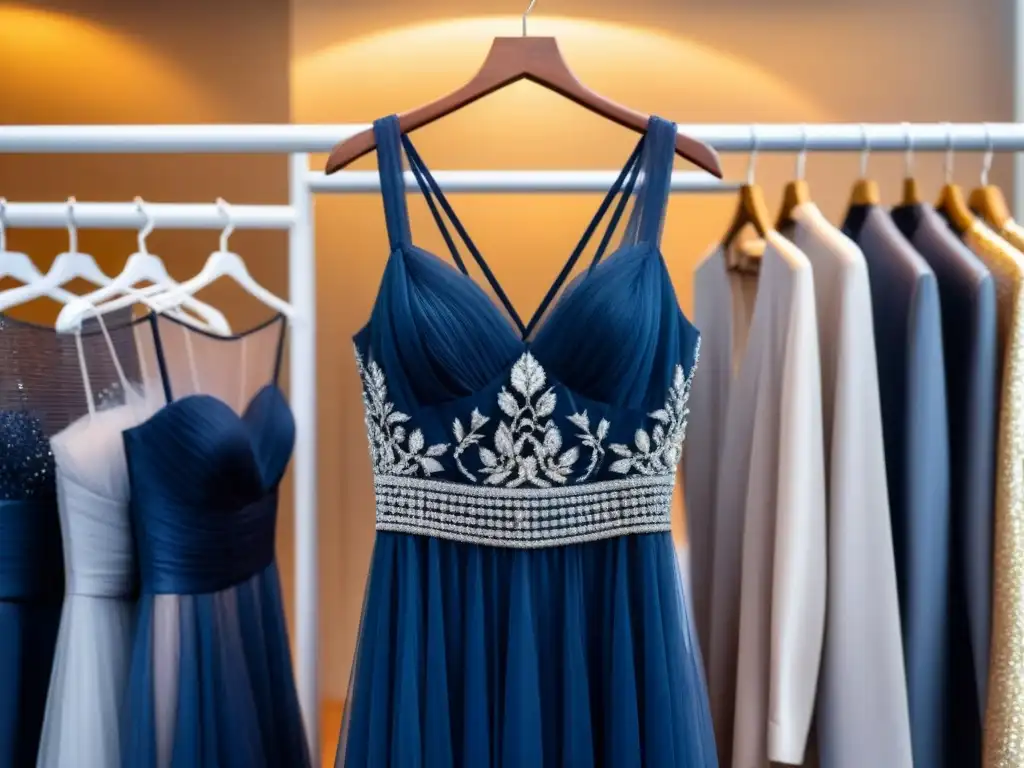 Vestido de noche azul marino con detalles plateados en perchero moderno