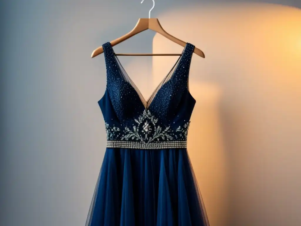 Vestido de noche de crucero en elegante perchero, en azul noche con detalles de pedrería, exudando elegancia y sofisticación