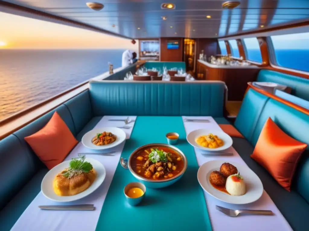 Viaje culinario en crucero: elegante comedor con platos locales exquisitos, navegando en aguas turquesa al atardecer