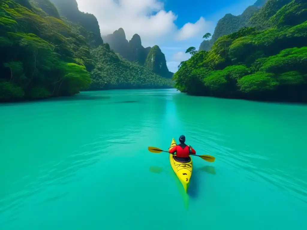 Un viaje en kayak en destinos exóticos: deslizándose con elegancia en aguas turquesa rodeado de exuberante selva