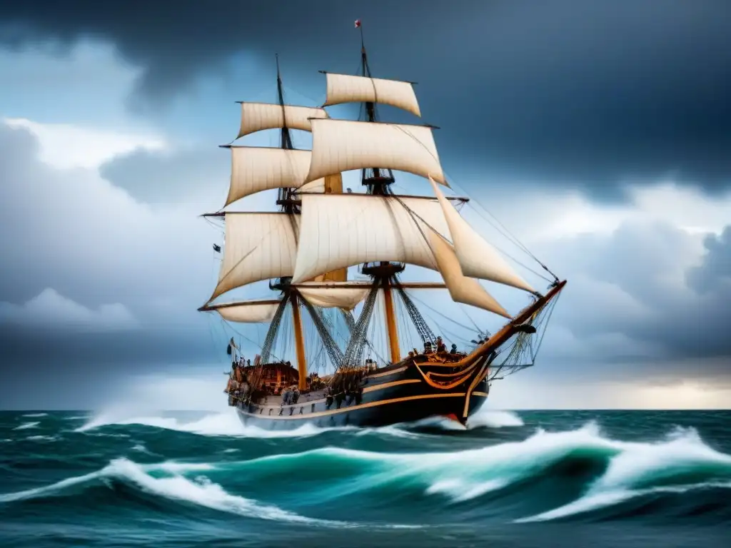 Viaje marítimo épico del Explorador James Cook, con el HMS Endeavour surcando aguas turbulentas bajo un cielo dramático