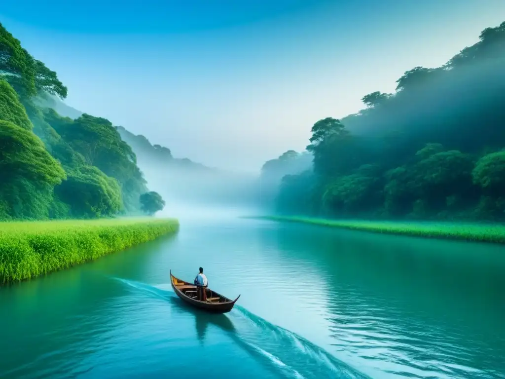 Viaje seguro en pequeña embarcación por un río sereno entre exuberante vegetación bajo cielo azul