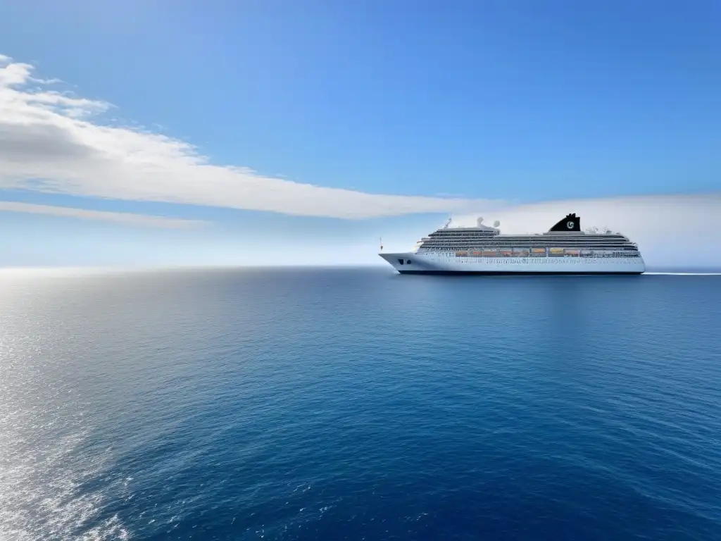 Un viaje seguro de salud para cruceros en un mar tranquila con un lujoso barco de crucero al fondo, bajo un cielo azul brillante