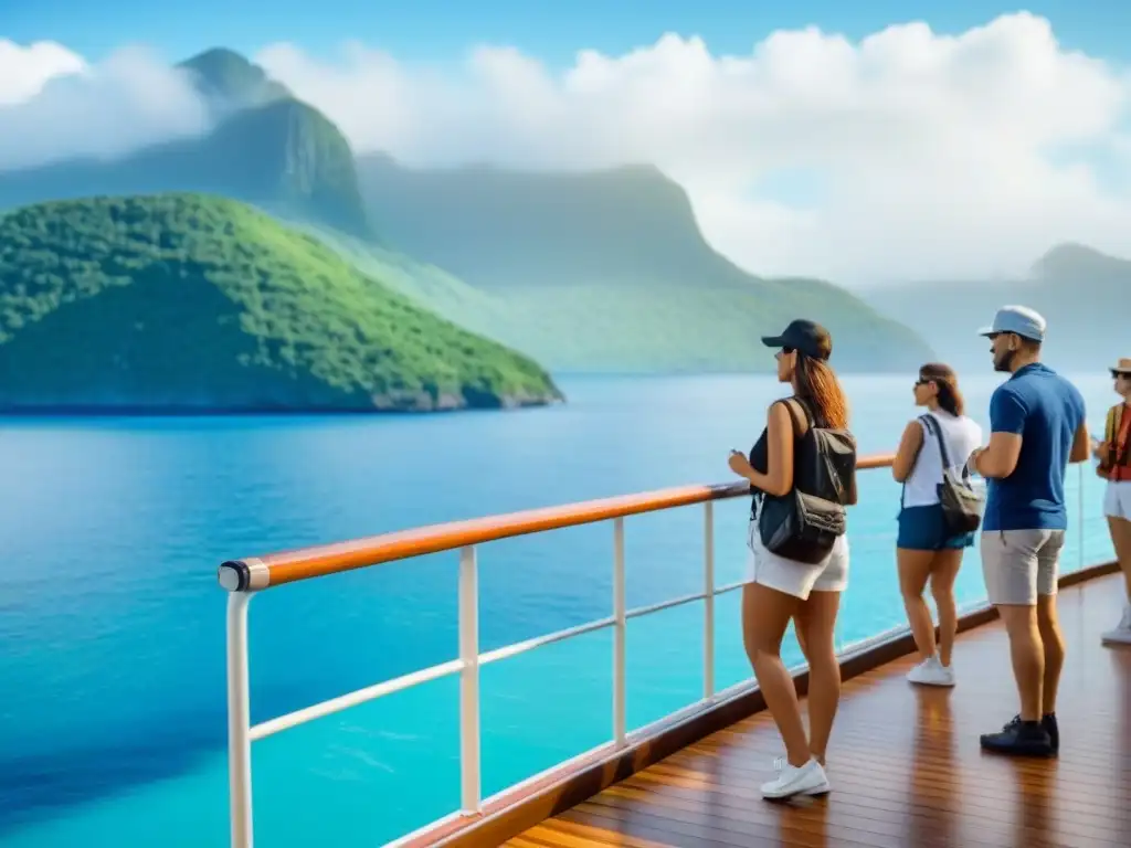 Viaje sostenible en crucero marítimo, turistas en armonía con la naturaleza en isla remota