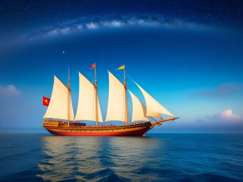 Viaje en el tiempo con el turismo marítimo aventuras ecológicas Zheng He, en un cielo estrellado reflejado en el tranquilo océano