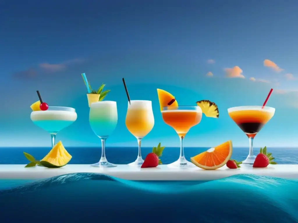 Evolución de bebidas en cruceros: de piña colada a mocktails Viaje visual por historias detrás bebidas icónicas cruceros, desde clásicos cócteles hasta modernos mocktails en elegante ilustración