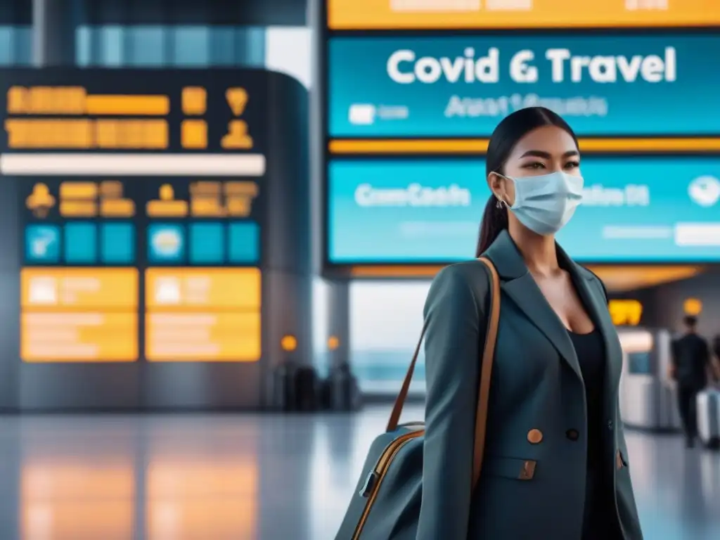 Un viajero con mascarilla frente a una entrada futurista de aeropuerto, resaltando prácticas seguras