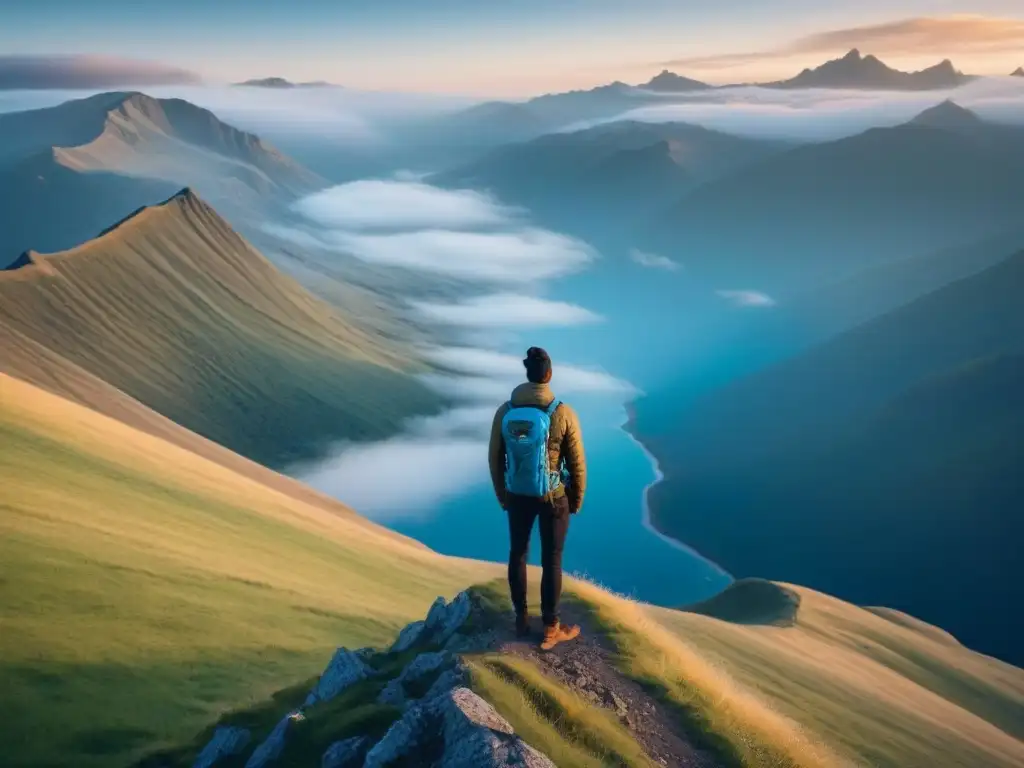 Un viajero admirando un paisaje remoto y majestuoso