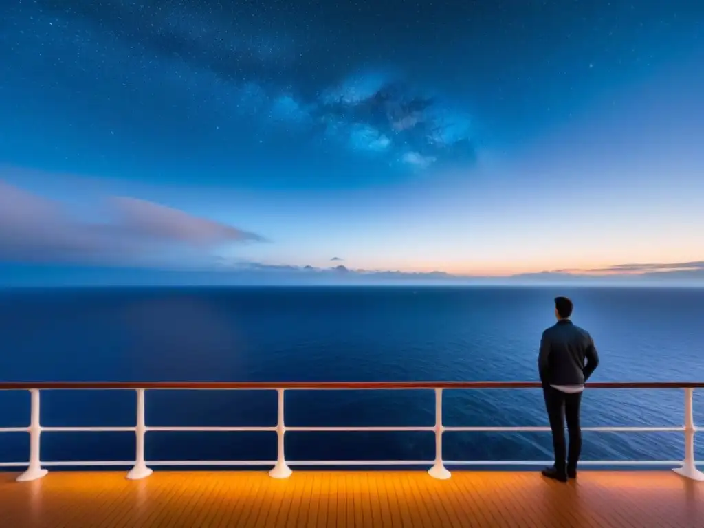 Un viajero solitario en cubierta de crucero, contemplando el vasto océano bajo un cielo estrellado