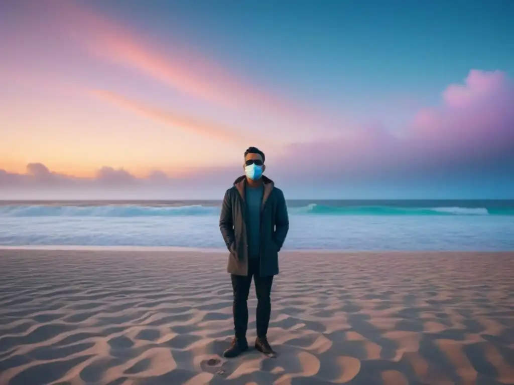 Un viajero solitario con mascarilla contempla el atardecer en una playa desierta