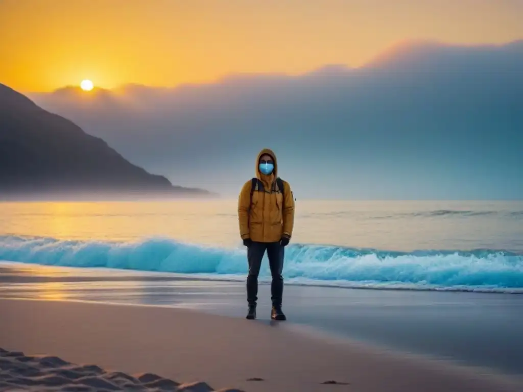 Viajero en solitario en una playa desierta al atardecer, usando mascarilla