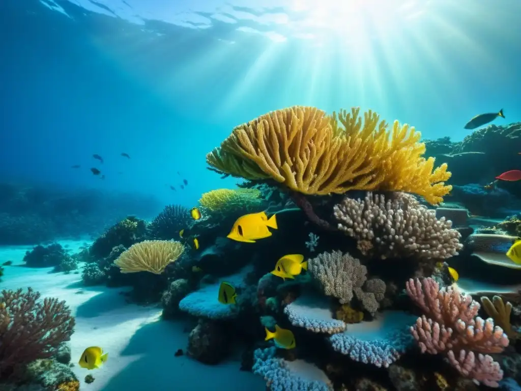 Un vibrante arrecife de coral bajo el agua con peces coloridos y vida marina exótica, destinos exóticos buceo snorkel