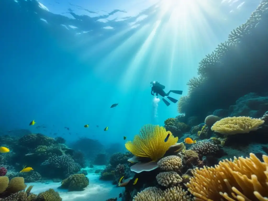 Vibrante arrecife de coral bajo el agua, lleno de peces coloridos y plantas marinas, iluminado por la luz del sol