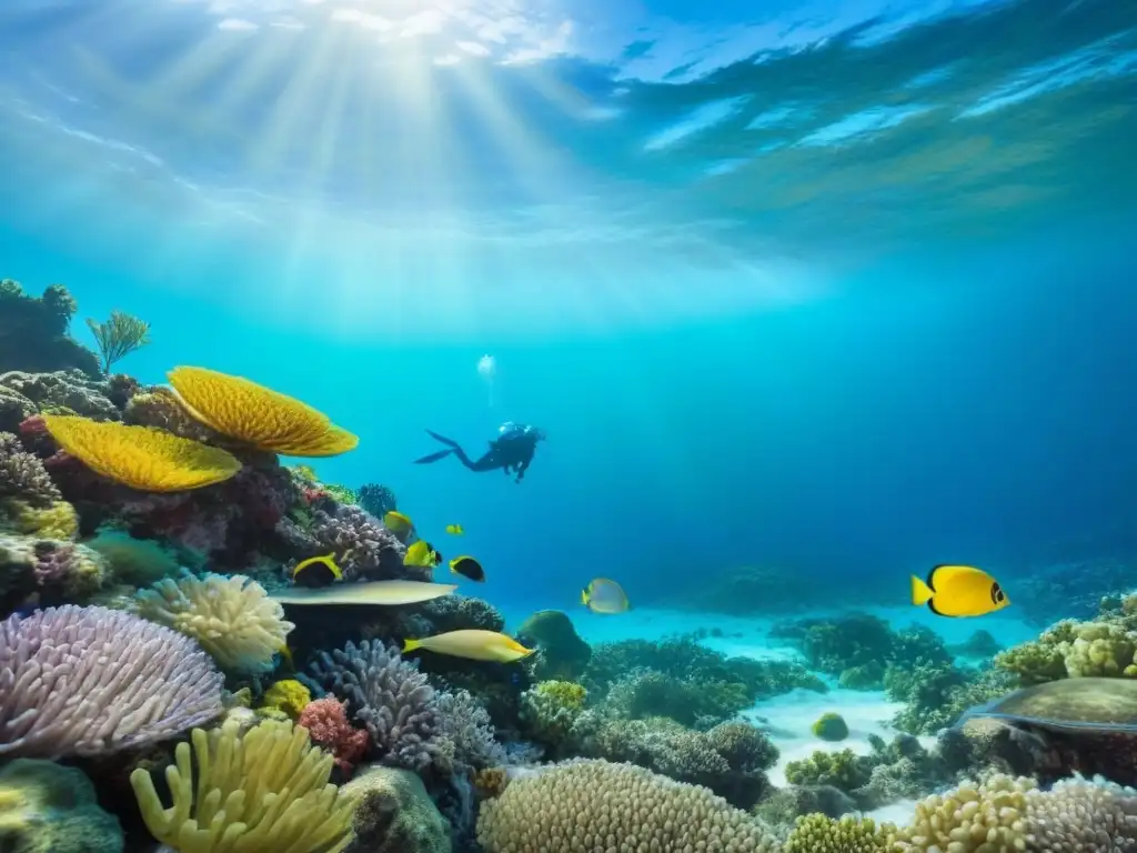 Un vibrante arrecife de coral, hogar de peces coloridos y tortugas marinas