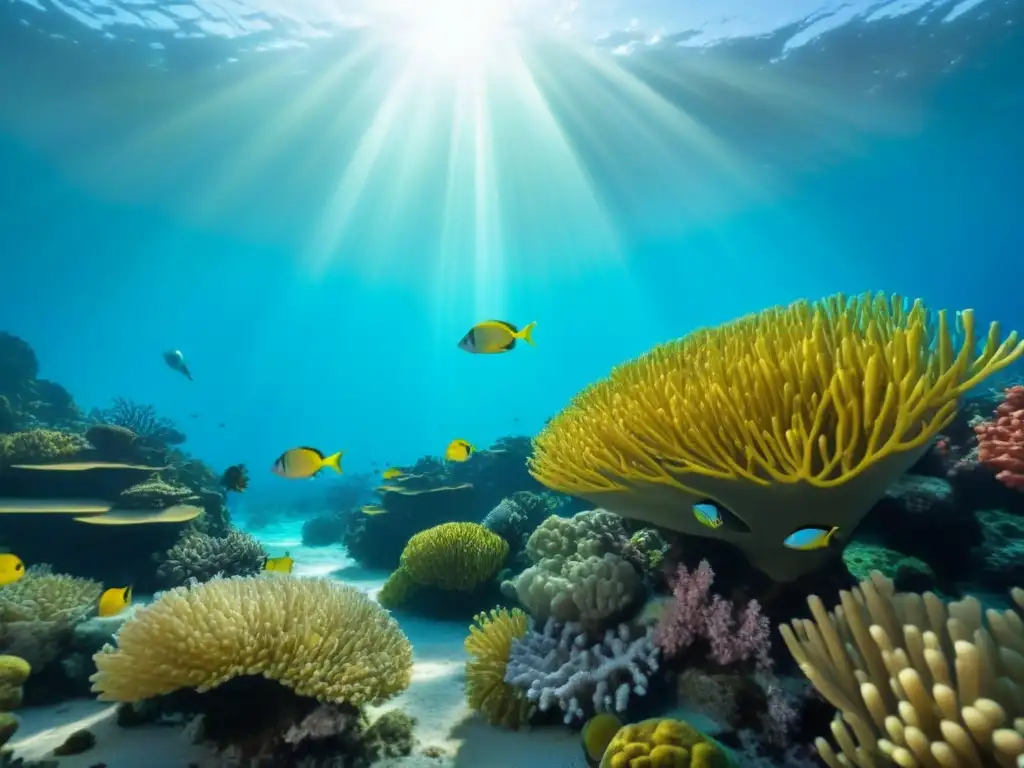 Un vibrante arrecife de coral lleno de peces coloridos y plantas marinas, con rayos de sol filtrándose a través del agua cristalina