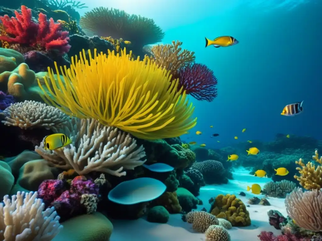 Un vibrante arrecife de coral lleno de vida marina, reflejando la belleza y biodiversidad marina