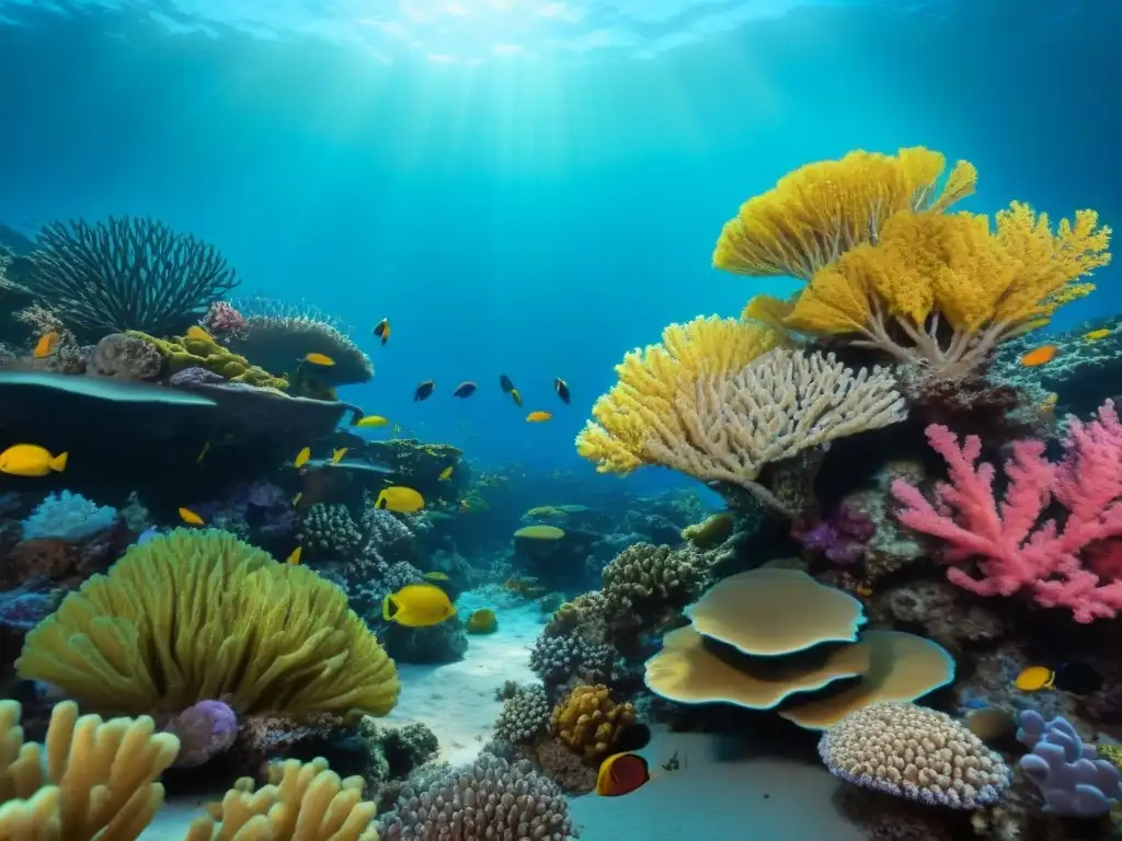 Un vibrante arrecife de coral lleno de vida y color, con peces nadando entre las ramas de coral