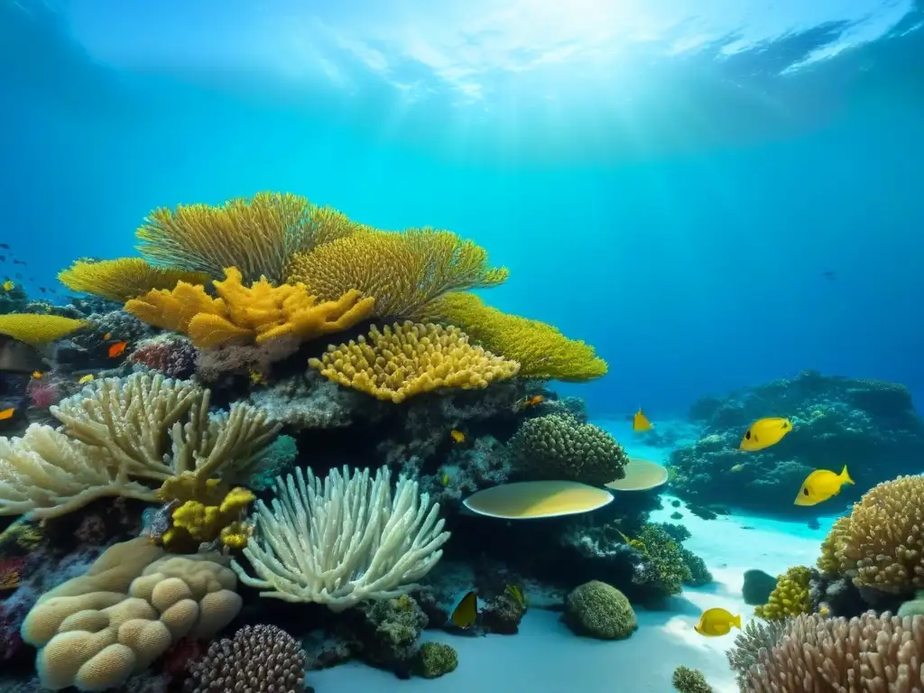 Un vibrante arrecife de coral lleno de vida marina bajo aguas turquesas, destacando la belleza y diversidad de estos ecosistemas en peligro