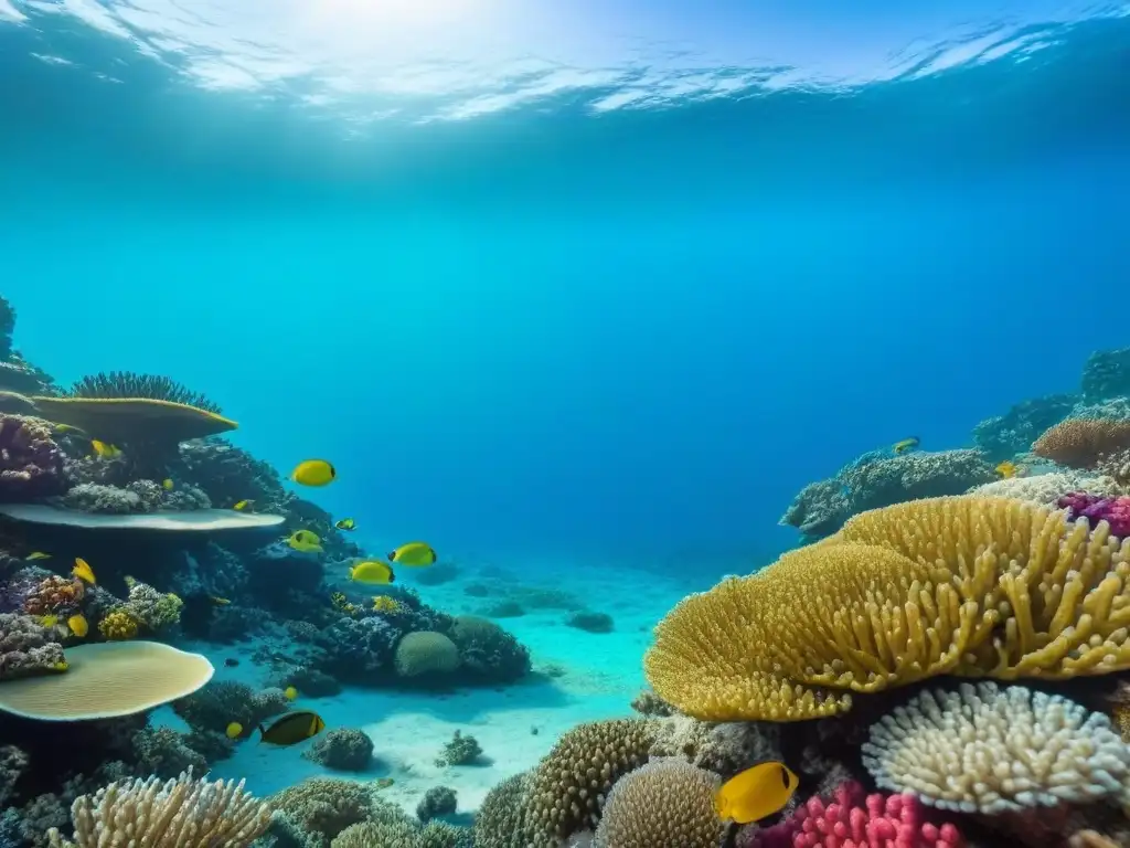 Un vibrante arrecife de coral lleno de vida marina, bajo aguas turquesas cristalinas