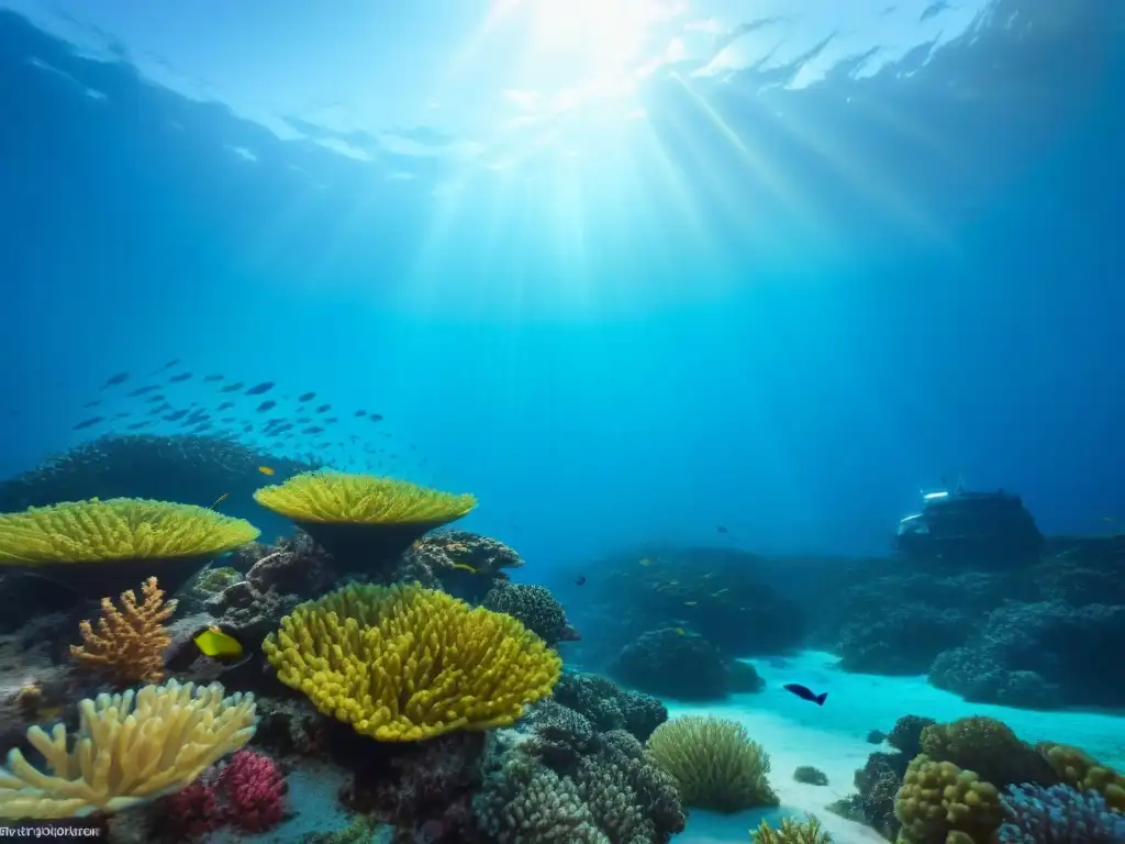 Un vibrante arrecife de coral lleno de vida marina, resaltando la importancia de la conservación marítima ante el impacto ambiental de los cruceros