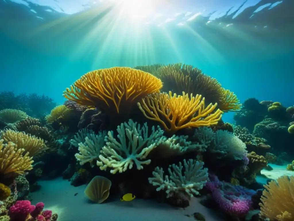 Un vibrante arrecife de coral lleno de vida marina capturado en alta resolución, con impactantes detalles y colores