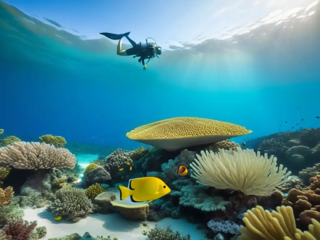 Un vibrante arrecife de coral lleno de vida marina, bajo el agua turquesa