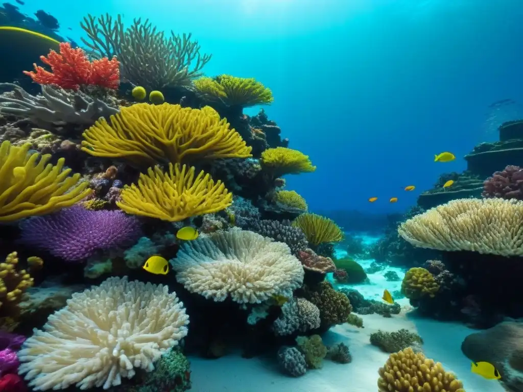 Vibrante arrecife de coral lleno de peces coloridos y plantas marinas, detallando belleza y biodiversidad marina