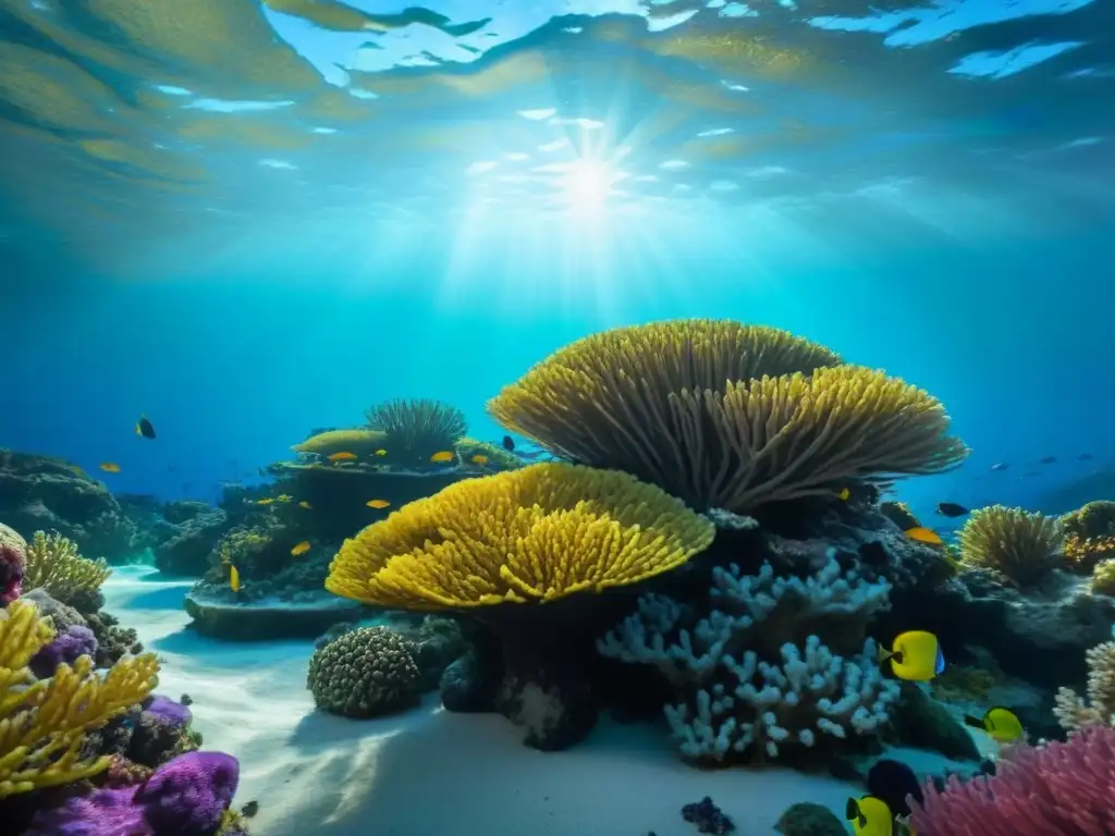 Un vibrante arrecife de coral lleno de vida marina y plantas marinas, bajo la luz del sol