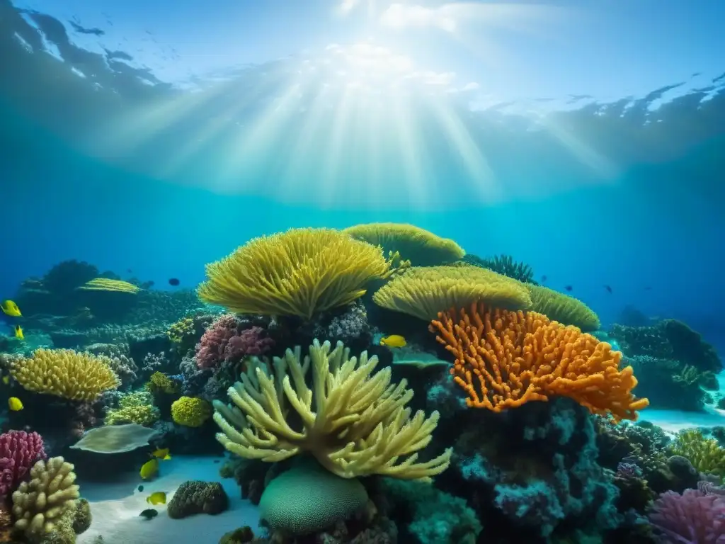 Vibrante arrecife de coral lleno de vida marina, resaltando la importancia de la conservación marina en cruceros