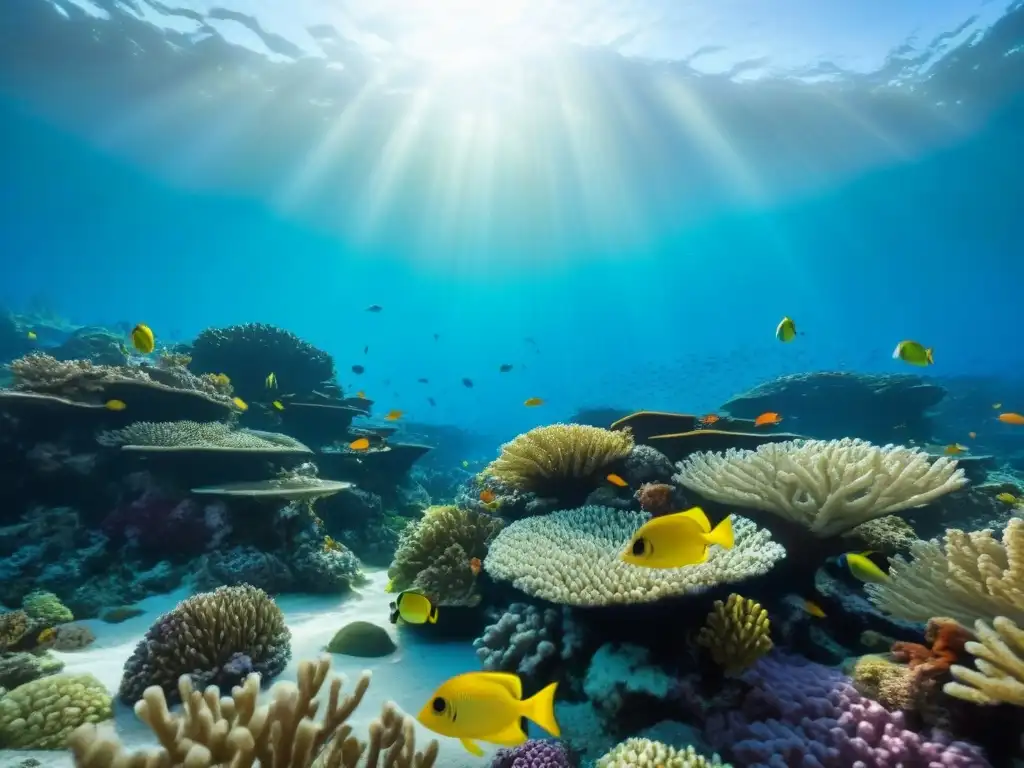 Un vibrante arrecife de coral con peces tropicales y formaciones marinas, ideal para fotografiar vida marina oculta