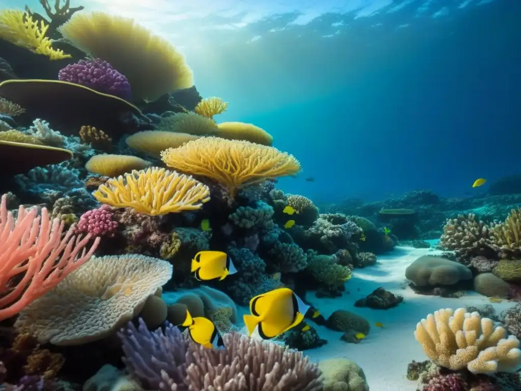 Vibrante arrecife de coral, peces coloridos y plantas marinas, resaltando la vida marina y el impacto del cambio climático