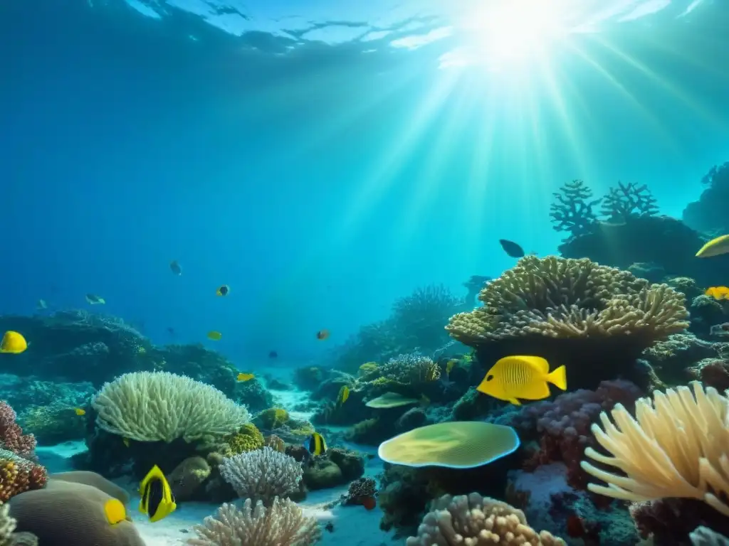 Vibrante arrecife de coral, peces coloridos y plantas marinas bajo el sol