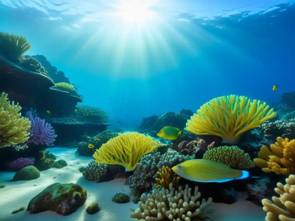 Vibrante arrecife de coral, peces coloridos y luz solar en el agua