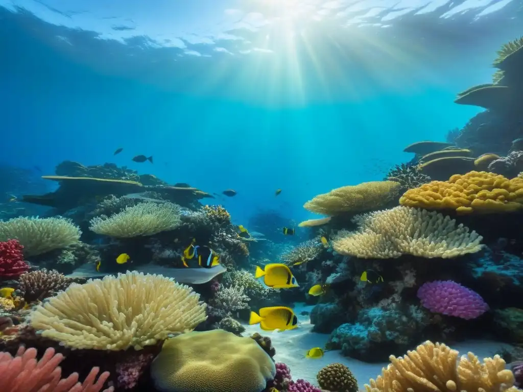 Vibrante arrecife de coral con peces coloridos en un escenario marino sereno