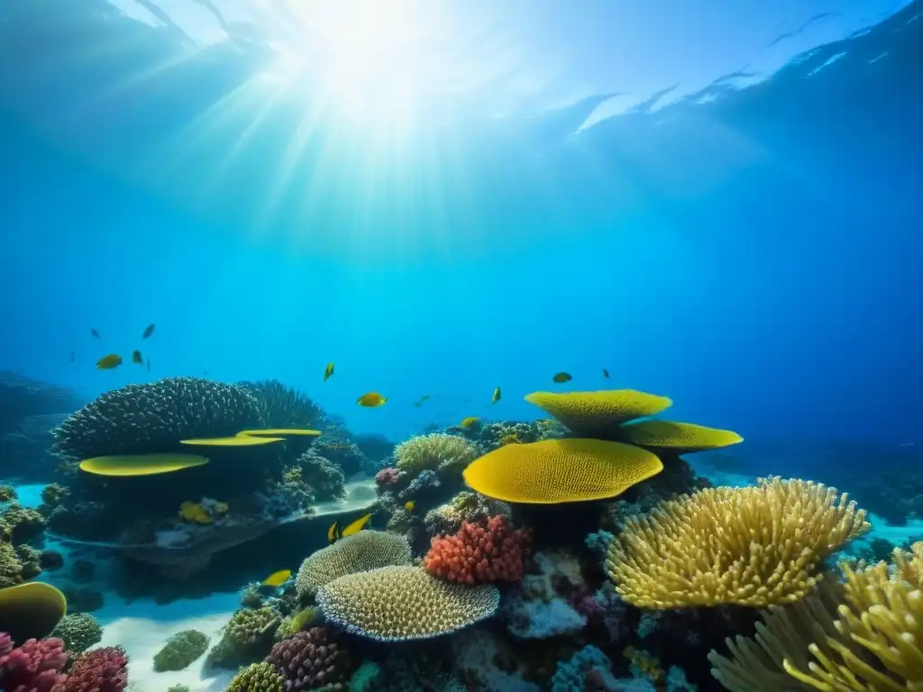 Un vibrante arrecife de coral con peces coloridos y plantas marinas, contribución a la conservación marítima sostenible