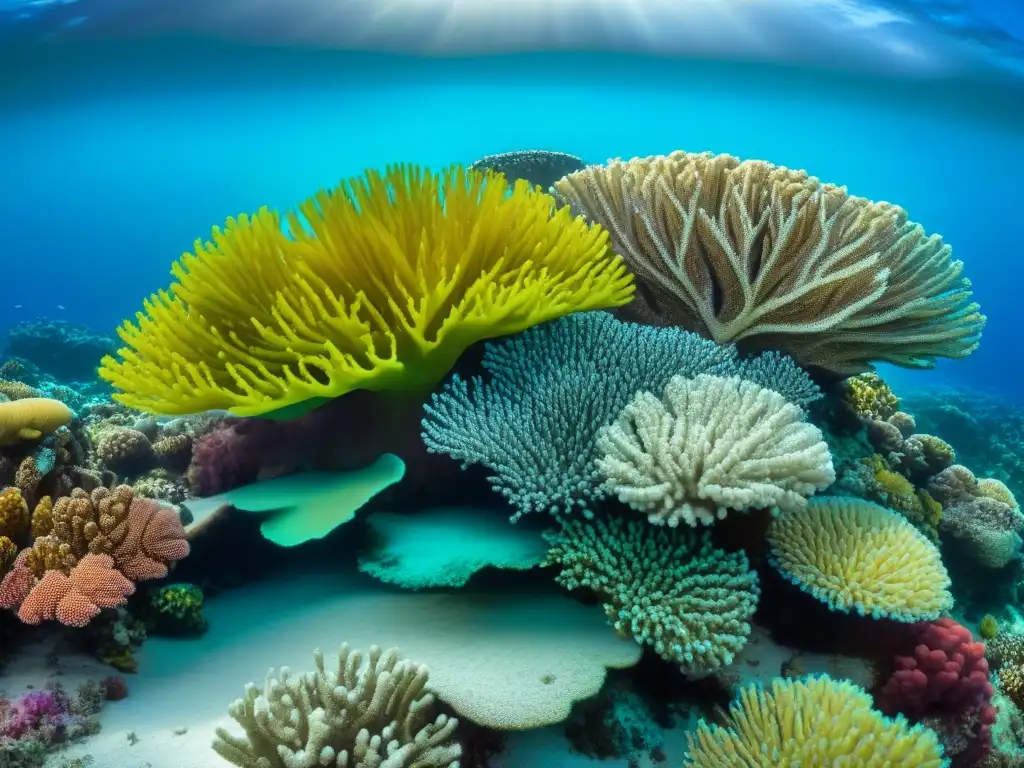 Un vibrante arrecife de coral con peces y formaciones coralinas, reflejando la diversidad marina