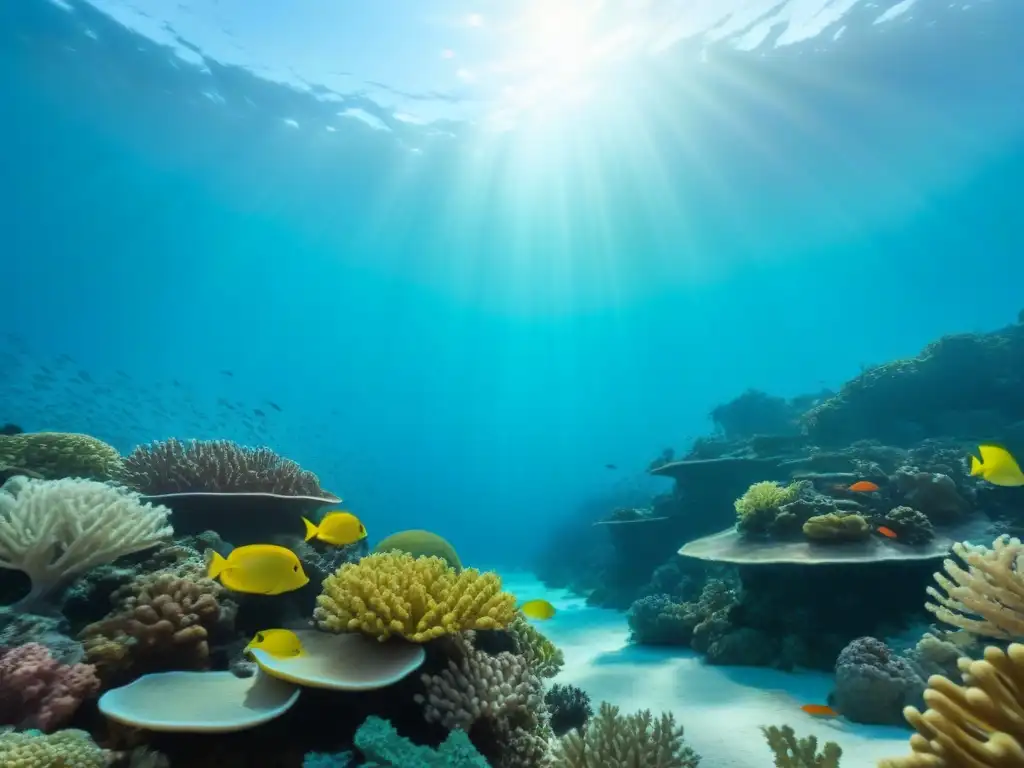 Un vibrante arrecife de coral repleto de vida marina bajo el mar, destacando la importancia de la conservación marina en cruceros