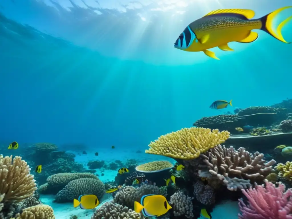 Un vibrante arrecife de coral repleto de peces coloridos y vida marina, en aguas turquesas cristalinas