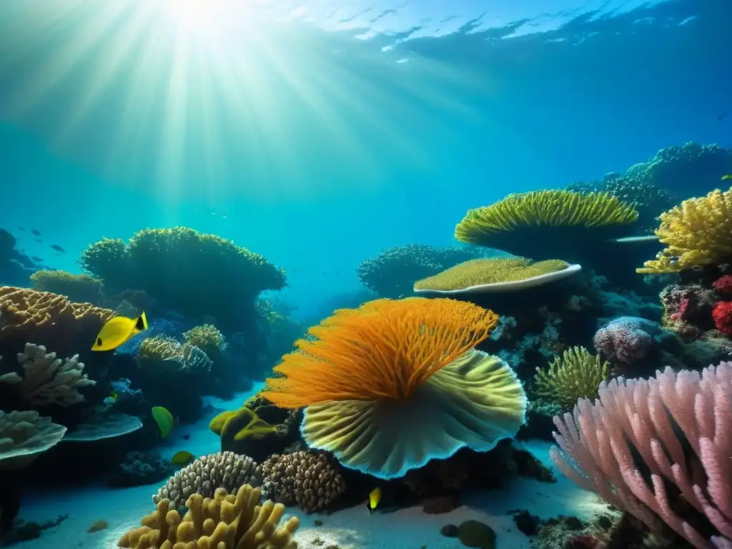 Un vibrante arrecife de coral repleto de peces y plantas marinas, bañado por la luz solar en aguas azules