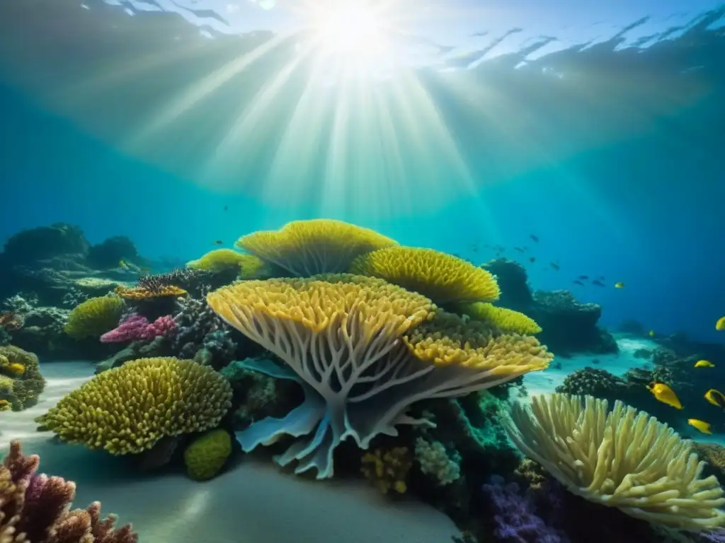 Un vibrante arrecife de coral repleto de peces coloridos y vida marina, inspirando cocteles submarinos