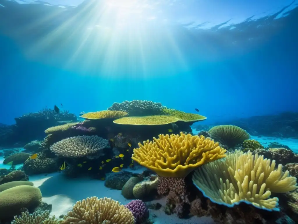 Un vibrante arrecife de coral, repleto de peces y vida marina, iluminado por el sol